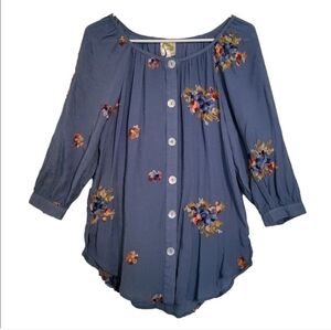 Anthropologie M Tunic Top Fig & Flower Blue Peasant  Embroidered Cottagecore Med